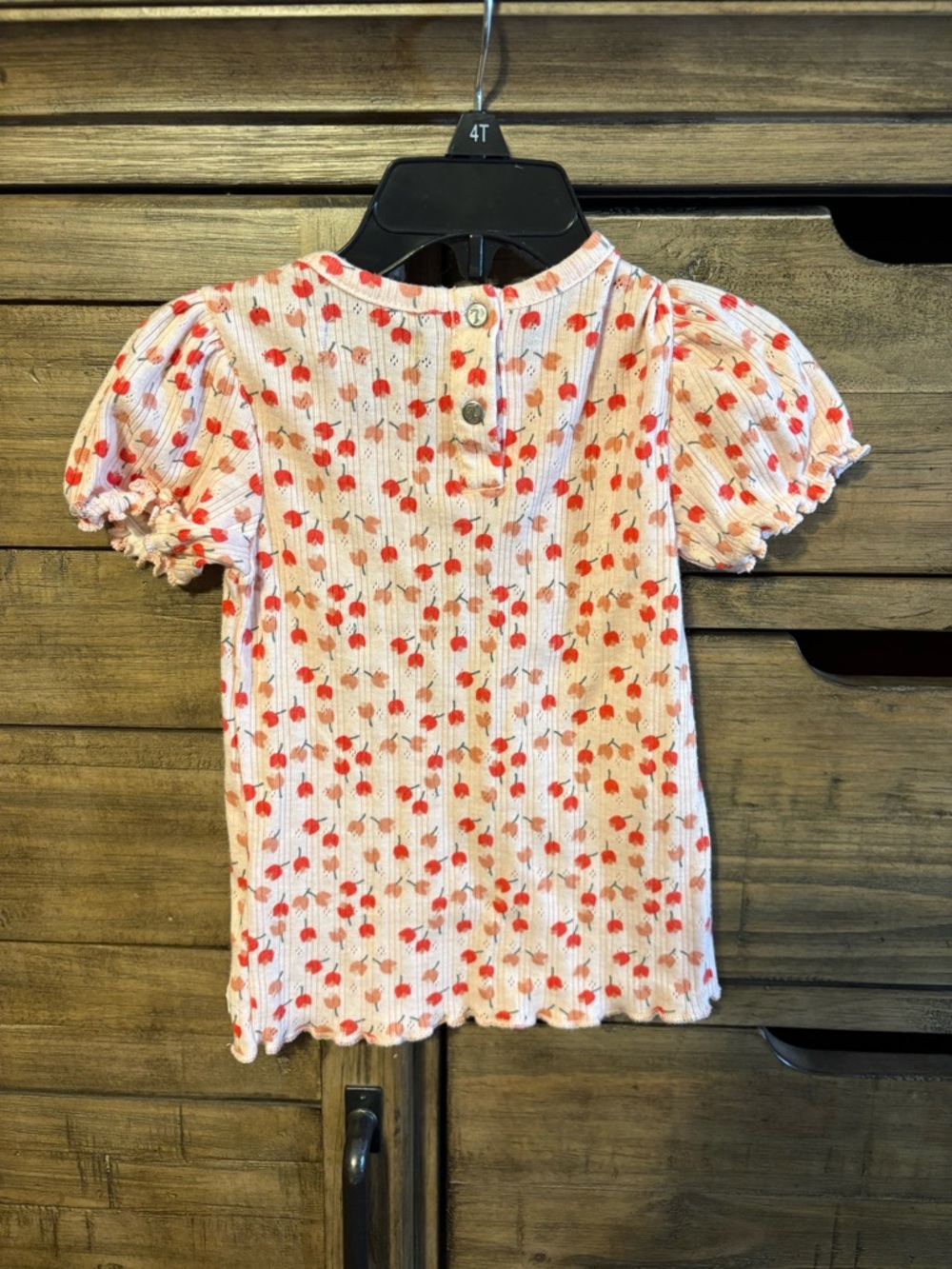 7 For All Mankind Girls 4T Cherry Print Top Puff Sleeve Ribbed Tee Back Button - Picture 3 of 5